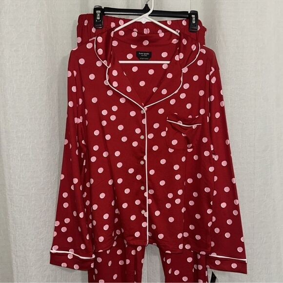 kate spade L-XL Red Pink Polka Notch Collar Long Sleeve Pajama Set - Picture 1 of 11